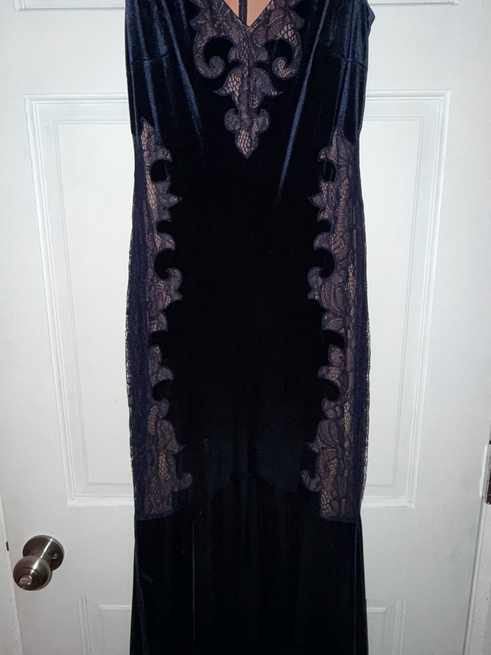 BCBG Black Velvet Maxi Dress with Lace Insets